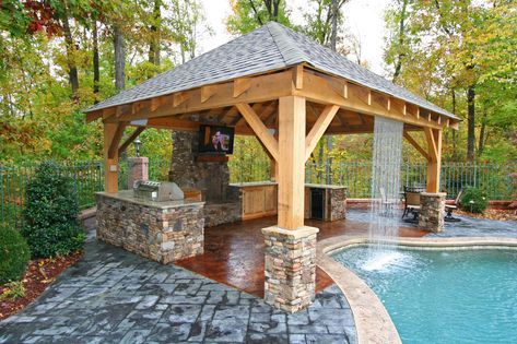 Pool House Ideas Backyards, Pool Cabana Ideas, Paver Patio Ideas, Pool Gazebo, Kolam Air, Pool Cabanas, Outdoor Cabana, Pool House Designs, Fireplace Designs