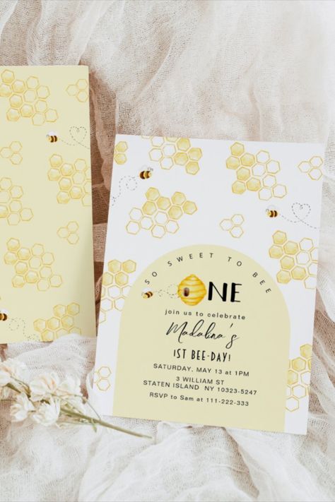 So sweet to bee one first bee day birthday invitation! #birthday #happybirthday #birthdaycards #birthdayparty #firstbirthday #bee #turningone #sweet Sweet To Bee One, First Bee Day, Bee Party Decorations, Baby Birthday Party Theme, Bee Invitations, Bee Birthday Party, Bee Day, Modern Birthday, 1st Birthday Themes