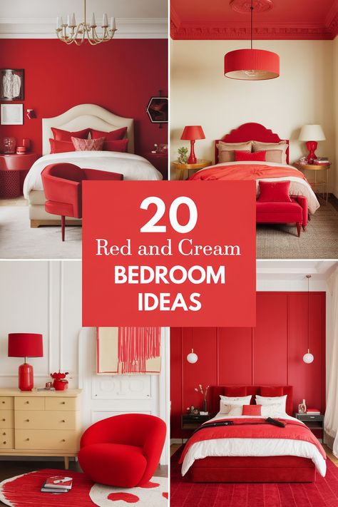 Red and cream bedroom decor is a timeless classic, blending warmth and sophistication.  From bold accent walls to delicate floral patterns, this color palette creates a luxurious retreat. Discover 20 inspiring red and cream bedroom ideas to transform your space! Red Paint Bedroom, Red Bedroom Ideas For Women, Red Wall Painting Ideas Bedroom, Red Comforter Bedroom Ideas, Red And Pink Bedroom, Red Bedroom Colors, Cream Bedroom Decor, Red Bedroom Aesthetic, Red Bedroom Ideas