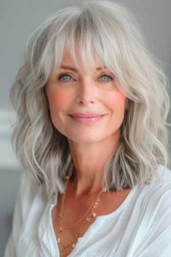 33 Elegant Gray Hairstyles For Women Over 50 To Try in 2024 - The Hairstyle Edit Women’s Gray Hair, Haircuts You Can Wear Curly Or Straight, Medium Length Hair With Layers Gray, Grey Hair Medium Length Over 50, Mid Length Gray Hairstyles Over 50, Womens Hair Over 50, Medium Length Gray Hair Over 50 With Bangs, Curly Grey Hair With Bangs, Gray Hair Shoulder Length