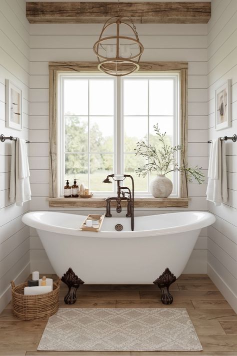 A freestanding clawfoot tub with bronze fixtures is the definition of vintage elegance. There’s something about soaking in a deep clawfoot tub that feels like stepping back in time. Paired with warm bronze fixtures, this setup brings a perfect balance of nostalgia and sophistication. Bronze Fixtures, Bathroom Makeovers, Clawfoot Tub, Vintage Elegance, Dream Bathroom, Farmhouse Bathroom, Bathroom Makeover, Bathroom Interior Design, Bathroom Interior