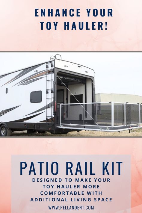 Enhance your Toy Hauler! Designed to make your Toy Hauler more comfortable with additional living space. Order yours today! Toy Hauler Patio Ideas, Toy Hauler Camper, Rv Windows, Patio Kits, Patio Railing, Bus Living, Heavy Duty Hinges, Patio Fence, Rv Living Full Time