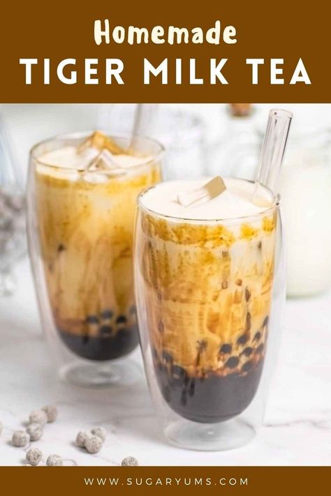 two glasses filled with tiger milk tea Tiger Milk Tea Recipe, Tigers Milk Recipe, Brown Sugar Milk Tea Boba, Tiger Milk Tea, Brown Sugar Bubble Tea, Tea Homemade, Japan Dessert, Homemade Brown Sugar, Boba Tea Recipe