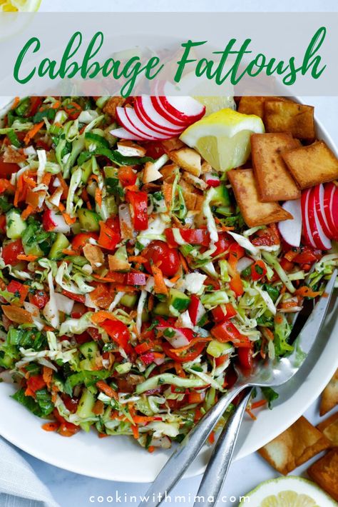 This filling and flavorful Cabbage Fattoush Salad is a Lebanese favorite with a twist! This easy vegan salad comes together in under 30 minutes and is packed with nutritious vegetables! #fattoush #vegan #lebanese #cookinwithmima Greek Diet, Health Meals, 200 Calorie, Fattoush Salad, Tabbouleh Salad, South Lebanon, Cabbage Salad, Vegetable Side, Cabbage Recipes