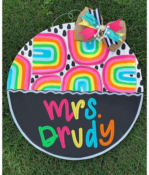 Est Door Hangers, Smiley Face Door Hanger, Daycare Door Hanger, Door Hangers Summer, Rainbow Door Hanger, Boho Rainbow Door Hanger, Back To School Door Hangers, Painted Door Signs, Graduation Door Hanger