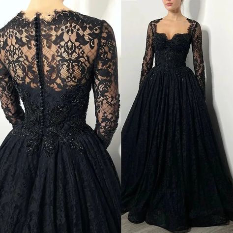 Gothic Black Wedding Dresses Long Sleeves Lace Appliques Sweetheart Bridal Gown | eBay Black Gothic Wedding Dress, Gothic Wedding Dress Black, Wedding Dress Long Sleeve Lace, Black Gothic Wedding, Goth Wedding Dresses, Gothic Gowns, Black Lace Wedding Dress, Black Wedding Dress Gothic, Sweetheart Bridal Gown