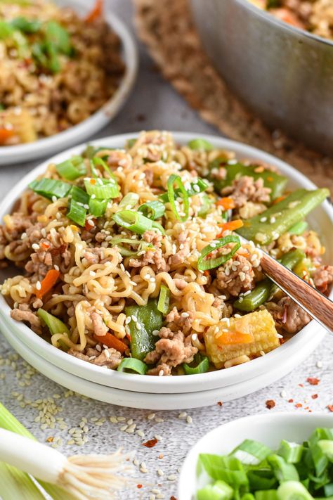 With ground pork, veggies and noodles, this Ground Pork Ramen is a quick and easy all-in-one meal done in just 20 minutes! Raspberry Cream Cheese French Toast, Ground Pork Ramen, Garlic Spread For Bread, Ramen Noodle Dinner, Toll House Pie, Ground Pork Recipe, Breakfast Pinwheels, Quick Ramen, Dance Around The Kitchen