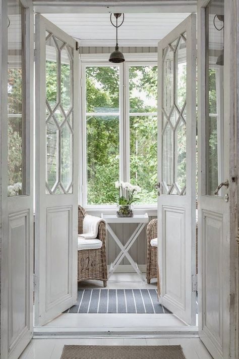 . Sun Rooms, White Cottage, French Doors Interior, Sunrooms, Style At Home, Door Styles, Sitting Area, Doors And Windows, Interior Door