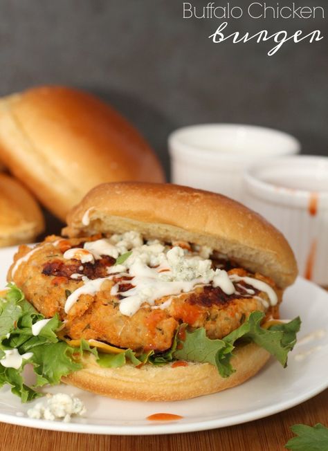 Buffalo Chicken Burger How To Grill Chicken, Blue Cheese Chicken, Buffalo Chicken Burgers, Ground Chicken Burgers, Blue Cheese Crumbles, Ranch Sauce, Chicken Burgers Recipe, Creamy Ranch, Burger Seasoning