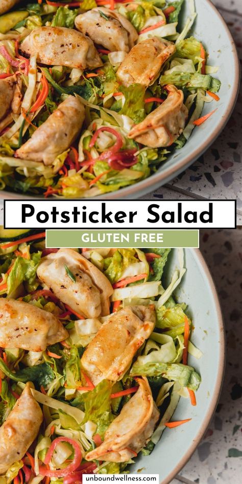 Potsticker Salad {gluten free} - Unbound Wellness Pot Sticker Salad, Potsticker Salad, Plantyou Dumpling Salad, Paleo Salad Dressing Store Bought, Freezer Desserts Recipes, Freezer Desserts, Buttered Cabbage, Asian Inspired Salad, Breakfast Appetizers