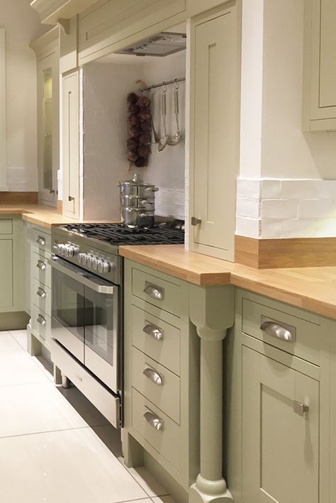 Painted kitchen from English Rose. This true in-frame kitchen is shown in painted Sage Grey and Oyster and is available in a range of other colours. Please see http://www.erkitchens.co.uk/kitchens?finish%5B%5D=Matt+Painted&finish%5B%5D=Painted+Timber&finish%5B%5D=Woodgrain+Effect+Painted for more details. Cream And Wood Kitchen, English Rose Kitchen, Sage Kitchen, Frame Kitchen, Oak Worktops, Kitchen Finishes, Kitchen Refresh, Painted Kitchen, Wood Kitchen Cabinets