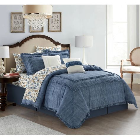 Grand Avenue Freida 10 Piece Denim Comforter Set - On Sale - Bed Bath & Beyond - 33949030 Denim Comforter, Beautiful Bedding Sets, Complete Bedding Set, Solid Bed, Blue Comforter Sets, Blue Bedding Sets, White Shabby Chic, King Comforter Sets, Bed In A Bag