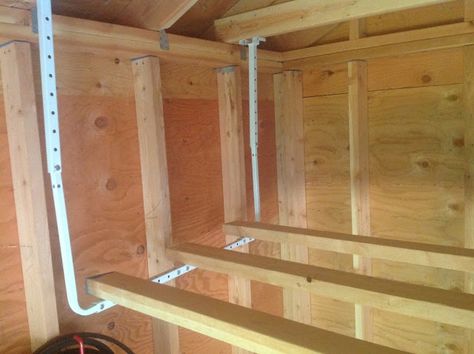 Shed Rafter Storage, Rafter Storage Ideas, Rafter Storage, Shed Shelving, Backyard Renovation, Laundry Room Storage Shelves, Room Storage Diy, Shed Organization, Ceiling Storage