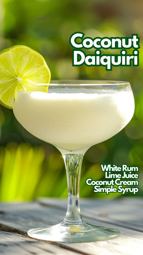 Coconut Daiquiri Flor De Cana Rum Drinks, Coconut Mixed Drinks, Coconut Daiquiri, Lime Cocktails, Coconut Cocktails, Dark Rum Cocktails, Cocktails Made With Rum, Key Lime Rum Cream, Cocktail Cards