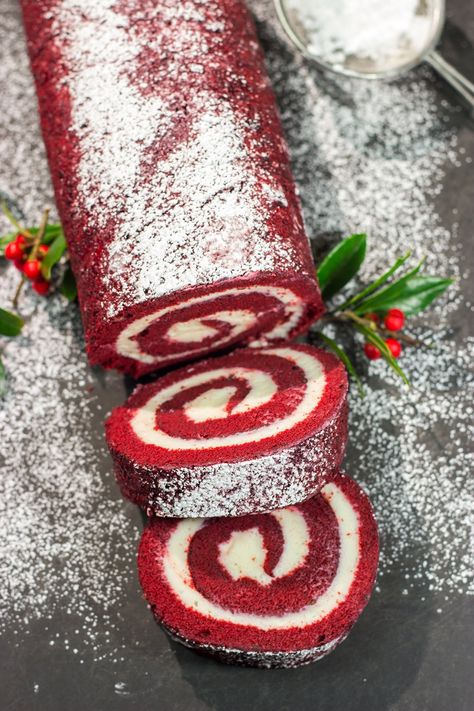 Red Velvet Cake Roll | Spicedblog Red Velvet Jelly Roll Cake, Red Velvet Roll Cake Easy, Red Velvet Cake Roll From Box Cake, Red Velvet Bread Loaf, Red Velvet Roll Cake Recipe, Red Velvet Cake Roll With Box Cake, Cake Roll From Box Cake, Res Velvet Cake, Red Velvet Yule Log