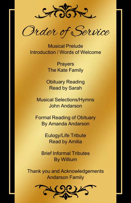 Black and Gold Order of Service template Carol Service Flyer, Crossover Service Flyer, Newspaper Order Of Service, Fan Order Of Service, Church Order Of Service, Order Of Service Booklet, Order Of Service Template, Order Of Service, Church Service