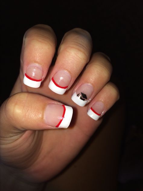 Graduation nails  #graduation #senior #graduationcap Graduation Nails With Cap, French Tip Nails Graduation, Graduation Nails Acrylic Red And White, Graduation Nails Red And White, Graduation Cap Nails, French Tip Comme Des Garcons Nails, Cdg Nails French Tip, Graduation Nails, French Tip Nails