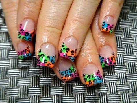 Leopard French Nails, Neon Acrylics, Uñas Animal Print, Print Nail Art, Cheetah Nail Designs, Neon Nail Art, Cheetah Nails, Leopard Nails, Rainbow Leopard