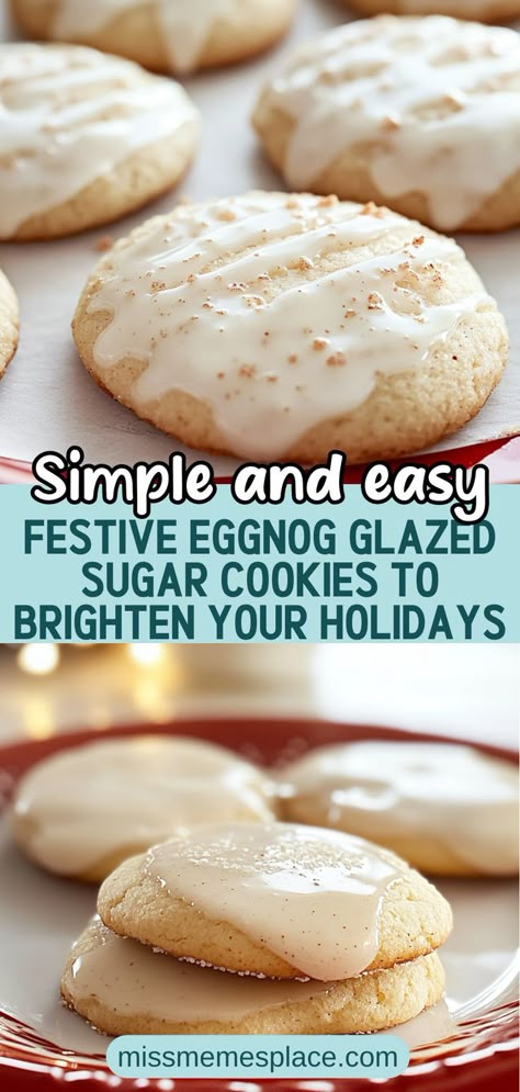 Indulge in the spirit of the season with these delightful Eggnog Glazed Sugar Cookies. Infused with the warm spices of cinnamon and nutmeg, these soft and chewy cookies are topped with a rich eggnog glaze that adds a creamy sweetness. Perfect for holiday gatherings or as thoughtful gifts, this easy recipe ensures that bakers of all skill levels can create these festive treats. Whip up a batch and let the holiday cheer shine through with every bite! Egg Nog Cookies, Glazed Sugar Cookies, Sugar Cookie Glaze, Eggnog Glaze, Cookie Swap Recipes, Spiced Eggnog, Candy Bar Recipe, Cookie Glaze, Eggnog Cookies