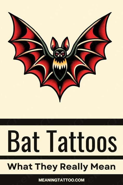 Ever wonder what lies beneath the surface of bat tattoos? Discover their meaning and how they encapsulate the essence of the night. BONUS INFORMATION: The duality of bat symbolism in various cultures. Your complete guide to this enigmatic ink.  ... daha fazla Bat Tattoo Flash, Bat Traditional Tattoo, Bat Symbolism, American Traditional Bat Tattoo, Classic Tattoo Ideas, Traditional Bat Tattoo, Animal Tattoo Meanings, Back Tattoo Inspiration, Bat Tattoo Ideas