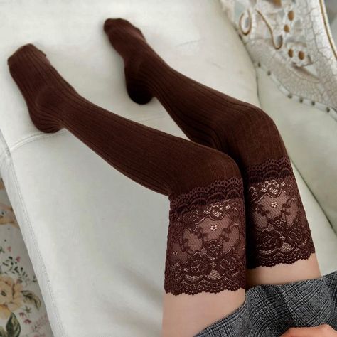 New! Brown Ribbed Lace Top Thigh High Socks. One Size Fits Up To Medium Cotton, Spandex Foot 8” Heel To Thigh 22”. 2/$25 Brown Lace Top, Thigh Socks, Striped Stockings, Lace Stockings, Over Knee Socks, Mode Hippie, Socks Pattern, Over The Knee Socks, Thigh High Socks