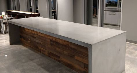 Concrete Waterfall Countertop, Concrete Countertop Ideas, Kitchen Concrete Countertops, Concrete Kitchen Island, Concrete Outdoor Kitchen, Concrete Bar, Waterfall Countertop, Concrete Countertops Outdoor Kitchen, Concrete Countertops White