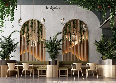 green leaves cafe on Behance Backdrop Bedroom, Bar Restaurant Design, Greenery Backdrop, Architecture Restaurant, Decoration Restaurant, Design Café, Grass Wall, Coffee Shops Interior, Lobby Design