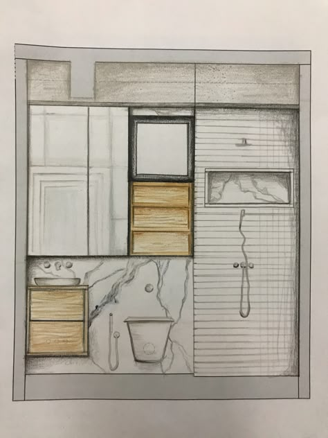 Hand rendered bathroom elevation Elevation Rendering Hand, Bathroom Rendering Design, Rendered Elevation Interior, Elevation Drawing Interior, Bathroom Elevation Drawing, Bedroom Elevation Drawing, Interior Elevation Drawing, Rendered Bathroom, Bathroom Elevation