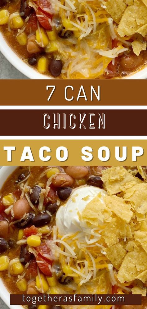 Dinner does not get any easier than this 7 Can Chicken Taco Soup! Dump 7 cans into a pot plus some seasonings and that's it! Serve with tortilla chips, cheese, and sour cream. You won't believe how yummy & easy it is. If you really don't want to use canned chicken then substitute with 2 cups of shredded or chopped cooked chicken. At least try it once with the canned chicken and I am betting you'll love it! 7 Can Chicken Taco Soup, Dinner Soup Recipes, Chicken Tortilla Soup Crock Pot, Easiest Dinner, Cream Cheese Chicken Chili, Can Chicken, Chicken Breast Recipes Baked, Taco Soup Recipe, Chicken Taco Soup