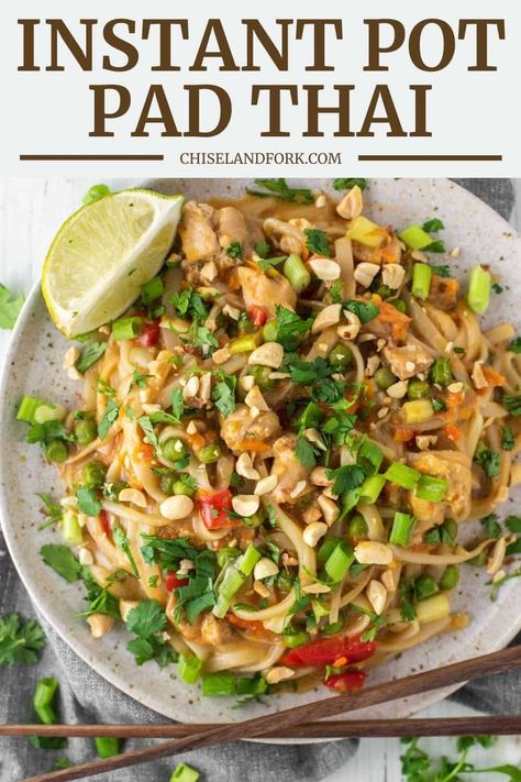 This Instant Pot Pad Thai recipe will make you forget about takeout when you can have an even tastier meal in under 30 minutes. #instantpotpadthai #padthai #instantpot | chiselandfork.com Instant Pot Pad Thai, Dairy Free Meal, Gluten Free Pad Thai, Salmon Stir Fry, Chicken Zoodle Soup, Pad Thai Sauce, Food Asian, Chicken Chopped Salad, Pad Thai Recipe