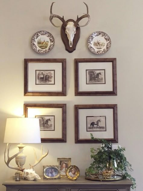 How To Style Deer Antlers, Clean Traditional Decor, Tasteful Taxidermy Decor, European Mount Decor, Cabin Foyer, Antler Display Ideas, European Mount Ideas, Lodge Dining Room, Deer Antler Wall Decor