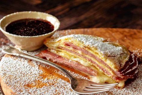 Monte Cristo Crepes, Crepes Brunch, Deli Turkey, Deli Ham, Crepe Cake, Spicy Honey, Monte Cristo, Breakfast Pancakes, Raspberry Jam