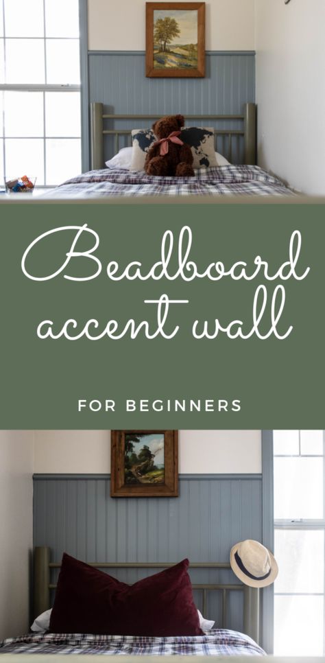 Attic Room Accent Wall, Beadboard Gallery Wall, Painted Beadboard Walls Bedroom, Beadboard Headboard Diy, Wainscoting Headboard Ideas, Bead Board Bedroom Ideas, Beadboard Accent Wall Nursery, Beadboard Behind Bed, Headboard Accent Wall Ideas