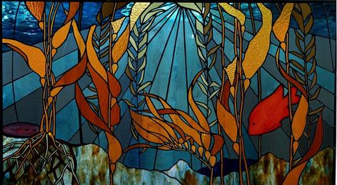 Kelp forest stained glass Stained Glass Craft, Stained Glass Frames, Tree Mosaic, Tuolumne Meadows, Forest Mural, Green Mosaic, Kelp Forest, Glass Craft, Santa Catalina