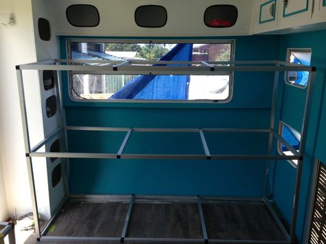 building triple caravan bunks Renovating Caravan, Caravan Bunk Beds, Bunk Beds Ideas, Caravan Bunks, Caravan Renovation Diy, Tent Trailer Camping, Caravan Hacks, Diy Caravan, Ducato Camper