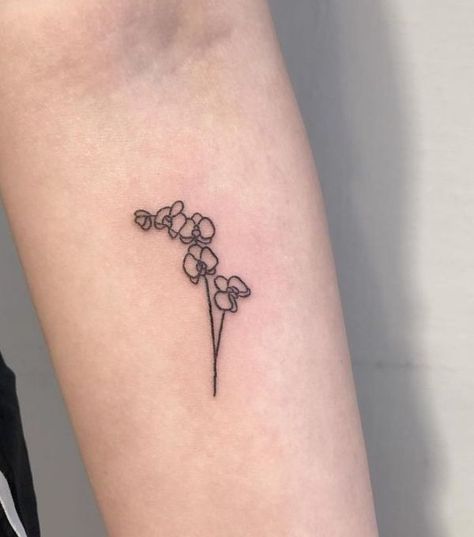 Small Tattoos Orchid, Orchid In Pot Tattoo, Orchid Tattoo Behind Ear, Small Orchid Tattoo Simple, Orchid Finger Tattoo, Tattoo Ideas Orchid, Minimal Orchid Tattoo, Orchid Small Tattoo, Mini Orchid Tattoo