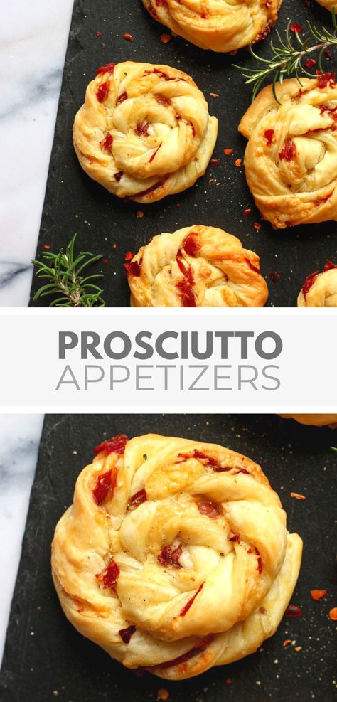 Puff-Pastry Prosciutto Appetizer Recipe Prosciutto Wrapped Appetizers, Puff Pastry Appetizers Proscuitto, Puff Pastry Prosciutto, Boursin Puff Pastry Appetizer, Upside Down Puff Pastry Appetizers, Phyllo Pastry Appetizers, Appetizer Recipes With Puff Pastry, Proscuitto Appetizers Simple, Pie Crust Appetizers Savory