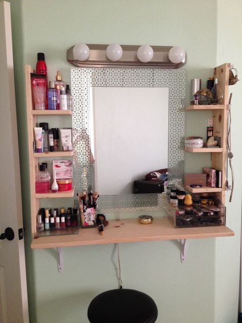 Diy Vanity In Closet, Bedroom Vanity Ideas Makeup Desk Diy, Wall Shelf Vanity Diy, Diy Makeup Table Small Spaces, Makeup Shelf Ideas Bedroom, Diy Vanity Shelf Ideas, Diy Vanity For Small Space, Diy Vanity Desk Ideas Small Spaces, Diy Wall Vanity Makeup Floating Shelves