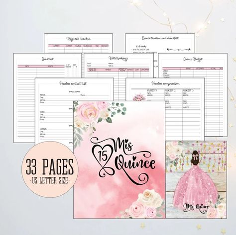 Printable PDF Quinceanera planner with budget planner, timeline, vendor comparison, court of honor, payment tracker, guest list and seating Quince Planning Binder, Quinceanera Planner Free Printable, Quince Planning List, Quince Checklist, Quinceañera Planner, Quince Planner, Quinceanera Planning Checklist, Monthly At A Glance, Quinceanera Reception