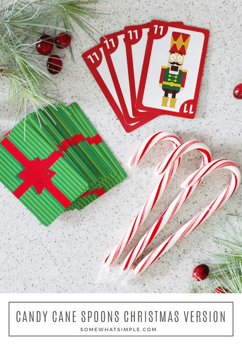 This Candy Cane Spoons Game is a festive twist on a classic card game. It's a great activity for large groups or small gatherings - and it's super easy to learn, which makes it fun for all ages! Grab your kids - it's time to teach them how to play spoons! Candy Cane Card Game, Spoons Card Game, Candy Cane Spoons, Spoons Game, How To Play Spoons, Candy Cane Game, Candy Cane Cards, Advent Box, Senior Games