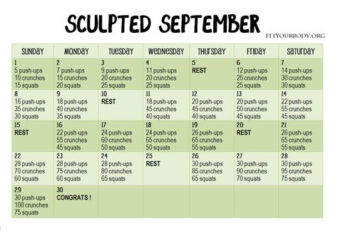 Sculpted September September Fitness Challenge, Calisthenics Workout For Beginners, Month Workout Challenge, Night Workout, September Challenge, Month Workout, Monthly Challenge, Workout Calendar, Calisthenics Workout