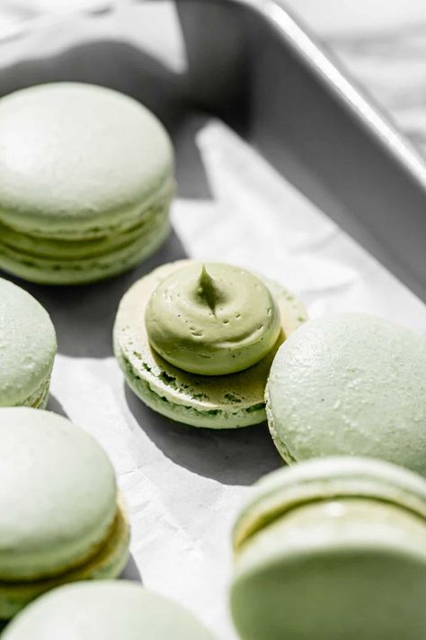 Bite into one of these pistachio macarons to experience the magic of a chewy shell contrasted with a creamy pistachio French buttercream. Follow my step by step photos and instructions to make your own bakery-worthy macarons! Pistachio Buttercream, Pistachio Coffee, Coffee Ganache, Pistachio Macaron, Macaron Recipes, French Buttercream, Macaron Template, Pistachio Gelato, Macaron Filling