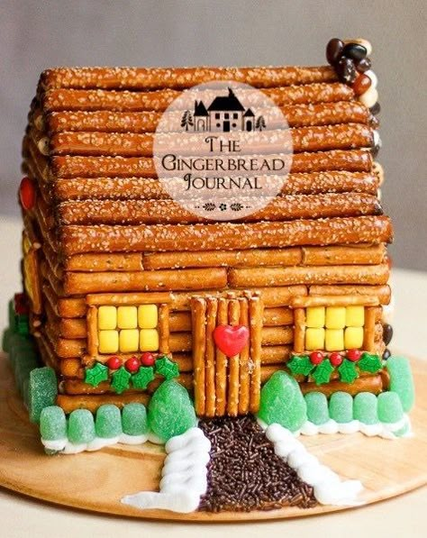 Pretzel Stick Log Cabin Pretzel House, Cabin In Winter, Gingerbread Inspiration, Homemade Gingerbread House, Celebration Food, Log Cabin Christmas, Cool Gingerbread Houses, Gingerbread House Recipe, Ginger House