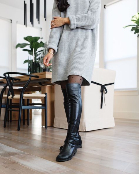 Stuart Weitzman boots I’ve owned for years and love! These are so comfortable, stylish and easy to dress up or down. I love pairing mine with a tunic and leggings or an elevated dress! #LTKstyletip #LTKSeasonal Flat High Boots Outfit, High Flat Boots Outfit, Flat Boots Outfit, Flat High Boots, Dress With Knee High Boots, High Flat Boots, Tunic And Leggings, Thigh High Boots Flat, Winter Boots Outfits