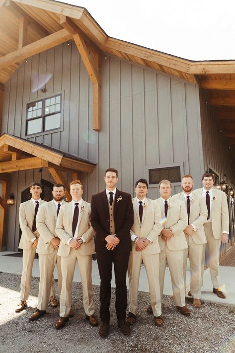 Neutral Tuxedo Wedding Grooms, Beige Wedding Party Groomsmen, Brown Tux Wedding Party, Tan And Brown Suit, Dark Brown Suit Wedding Groomsmen, Tan Suits Wedding Party, October Wedding Groomsmen, September Wedding Groomsmen, Tan Suit With Black Tie