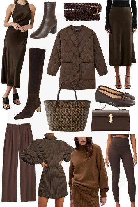 Chocolate Brown Fall Outfit, Chocolate Brown Monochromatic Outfit, Chocolate Outfit Ideas, Elegant Brown Sweater For Winter, Classic Brown Sweater For Layering, Chocolate Brown Boots Outfit, Chocolate Brown Outfits For Women, Brown Sweater Dress Outfit, Chocolate Brown Fall 2024