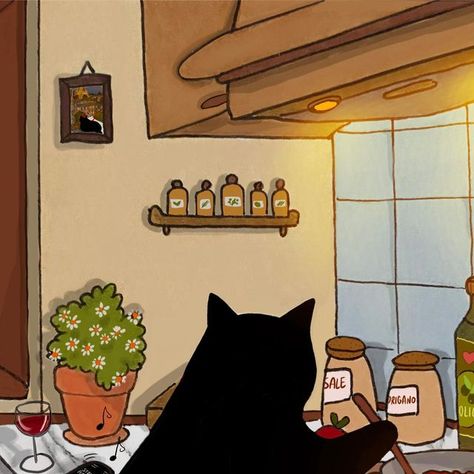 Toothless Widget, Lofi Animation, Cat Cooking, Cozy Illustration, Illustrations Ideas, Recipe Tomato, Black Kitty, Bar Art, Pet Stuff