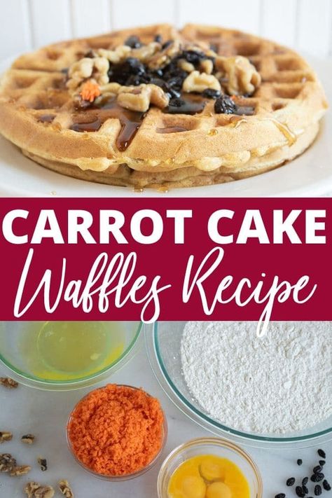 Carrot Cake Waffles are a light and fluffy homemade waffle with loads of shredded carrots, warm spices, nuts and more. Carrot waffles are the perfect way to start the day. #waffles #carrotcake #breakfast #homemade #belgian #easy #best #waffleiron #recipe #dessert #spring #recipeidea Carrot Waffles, Waffles From Scratch, Dessert Spring, Carrot Cake Waffles, Waffle Ideas, Cake Waffles, Homemade Waffle, Carrot Recipe, Easy Waffle Recipe