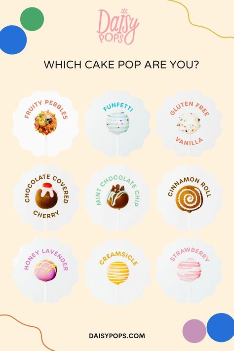 Which cake pop flavor are you? Cinnamon Roll Cake pop, Mint Chocolate chip cake pop, Chocolate Covered Cherry cake pop, Funfetti cake pop, Fruity Pebbles cake pop, Honey Lavender cake pop, Creamsicle cake pop, Strawberry cake pop, gluten free cake pops. Honey Lavender Cake, Fruity Pebbles Cake, Strawberry Cake Pop, Cake Pop Chocolate, Pebbles Cake, Mint Chocolate Chip Cake, Funfetti Cake Pops, Gluten Free Cake Pops, Cake Pop Flavors