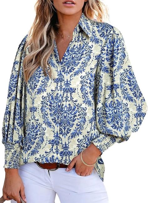 Astylish Boho Tops for Women 2024 Puff Sleeve Blouse Summer V-Neck Chiffon Paisley Oversized Button Down Shirt Dressy Orange X-Large at Amazon Women’s Clothing store Balloon Sleeves Blouse, Oversized Button Down Shirt, Paisley Print Blouse, Lantern Sleeved Blouses, Paisley Top, Sleeves Blouse, Blouse Tops, Loose Outfit, Puff Sleeve Blouse